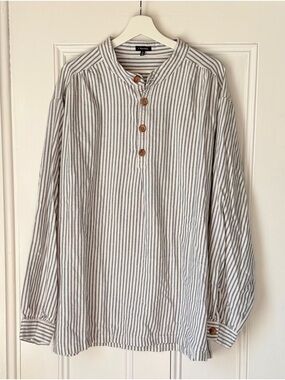 J. PETERMAN Vintage Poet's Shirt Banded Collarless Henley Striped Flannel XL